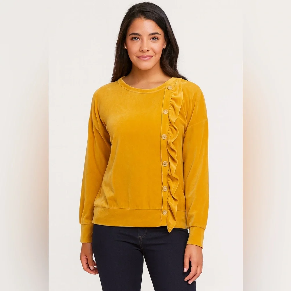 Women’s Anna Craig Velvet Sweater Ruffle Detail And Button Accents Size Small - Picture 1 of 7